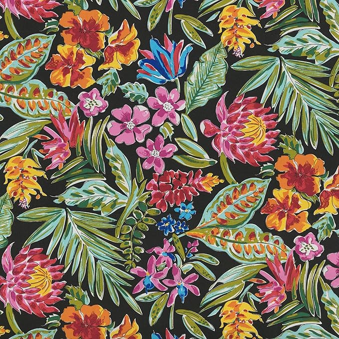 Pillow Perfect Tropic Floral Indoor/Outdoor Chairpad with Ties, Tufted, Weather, and Fade Resistant, 17" x 17.5", Paradise Island Black, 2 Count