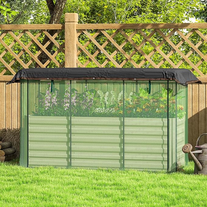 Outsunny 5.9 x 2 x 1.9 ft Galvanized Raised Garden Bed with Crop Cage Plant Protection Net and Shade Cloth Roof, Metal Planter Box with Cover for Vegetables, Flowers, Herbs, Beige
