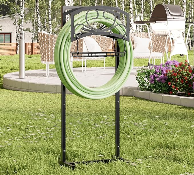 Kingson Freestanding Garden Hose Holder with Storage Basket - Heavy-Duty Black Powder-Coated Steel, Holds 150FT Hose, Detachable & Portable Design with Assembly Tools, Ideal for Outdoor Use