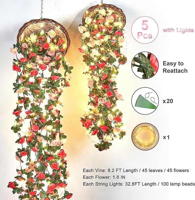 BLEUM CADE 5Pcs 41Ft Flower Garland Artificial Rose Vines with 32.8Ft String Lights, Cute Fake Hanging Flower Vines Floral Garland Decorations for Wedding Party Wall Room Decor Aesthetic