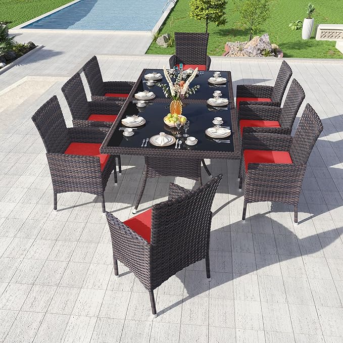 Kullavik 10-Piece Outdoor Dining Set Patio Rattan Furniture Set,Patio Dining Table and Chairs Set with 8 Chairs and Cushions,Square Glass Tabletop with Umbrella Hole for Patio,Red