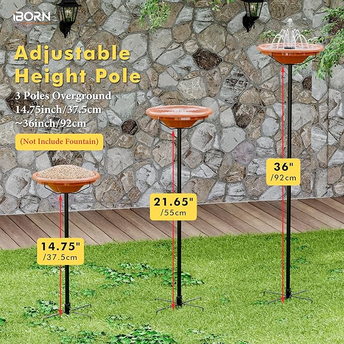 iBorn 36″ Standing Bird Feeder for Outdoors with 3 Adjustable Height Pole,12″ BPA-Free Plastic Platform Bird Feeder Seed Tray,5-Prongs Base,Birdfeeders Tray with Pole,Pack of 1（Not Include Fountain）