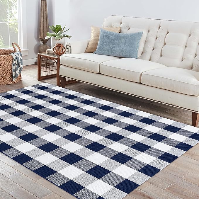 IOHOUZE Buffalo Plaid Checkered Rug 4x6 Ft Front Door Mats, Washable Area Rugs for Front Porch Decor, Spring Summer Welcome Mats Outdoor, Navy White Rug for Farmhouse/Entryway/Home Entrance