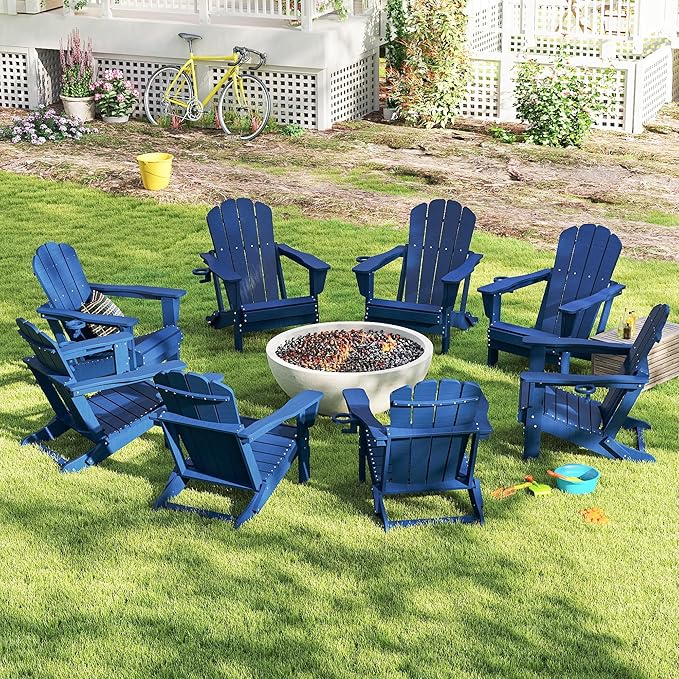 Domi Folding Adirondack Chairs Set of 6, HDPE All-Weather Outdoor Chairs with Cup Holder, Wooden Textured Fire Pit Chairs for Backyard, Patio, Poolside & Deck, Navy Blue