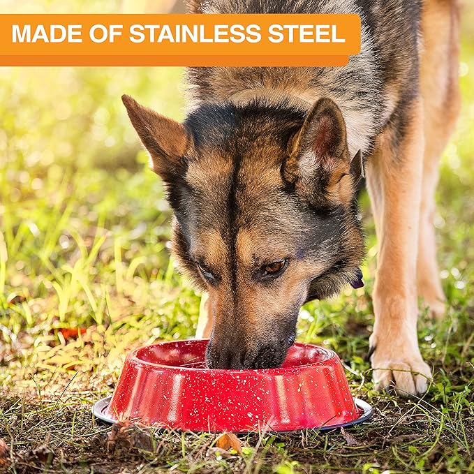 Neater Pet Brands - Outdoor Camping Style Pet Bowl - Enamel Ware Blue Black Granite Colors - Dog Cat No Tip Skid Bowls (16 oz, Red)