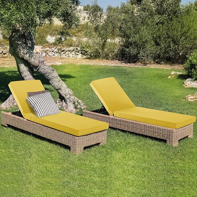 Outdoor Chaise Lounge Cushion Set of 2, Fadesafe Water-Repellent Lounge Deck Reclining Chair Cushions for Patio Furniture Lawn Pool Resort Hotel, 80x26x3 Inch, Yellow