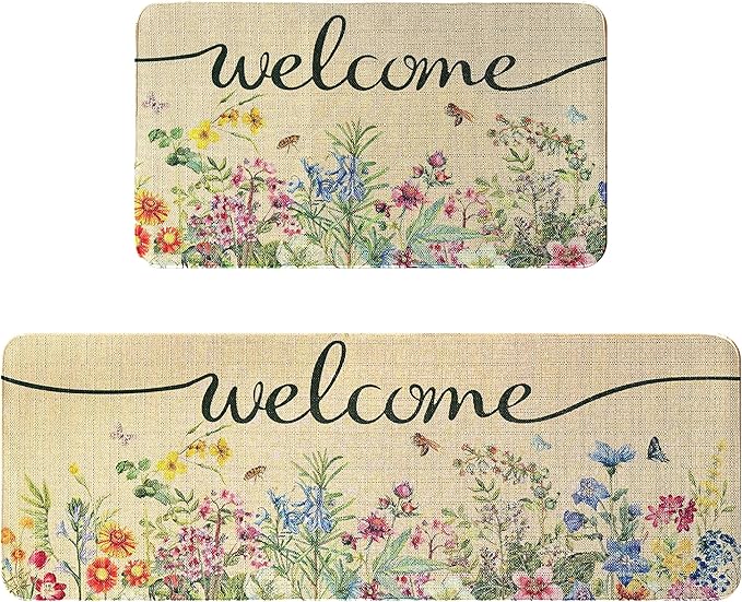 Spring Floral Decor Welcome Door Mat 2 Piece, Hello Summer Flower Home Decoration Non-Slip Indoor Outdoor Front Doormats Rug 17"x47"+17"x30"
