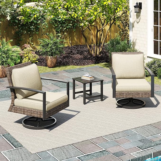 Green4ever 3-Pieces Patio Swivel Rocking Chairs Rocking with Sidetable, Metal Outdoor Rocking Chair, All Weather Rattan Patio Chairs for Porch, Bistro, Balcony, Beige