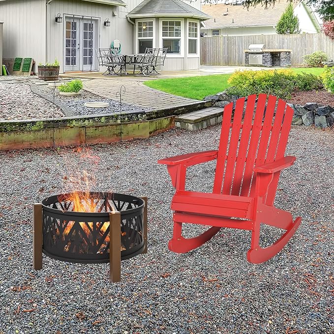 Outsunny Wooden Adirondack Rocking Chair Outdoor Lounge Chair Fire Pit Seating with Slatted Wooden Design, Fanned Back, & Classic Rustic Style for Patio, Backyard, Garden, Lawn, Red