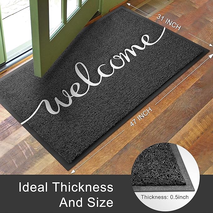KILOCOCO Door Mat Black Welcome Mat Outdoor Doormat Non-Slip Front Door Mats for Entrance, 31"x47"