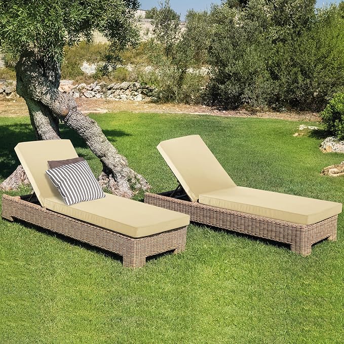 Outdoor Chaise Lounge Cushion Set of 2, Fadesafe Water-Repellent Lounge Deck Reclining Chair Cushions for Patio Furniture Lawn Pool Resort Hotel, 72x21x3 Inch, Beige