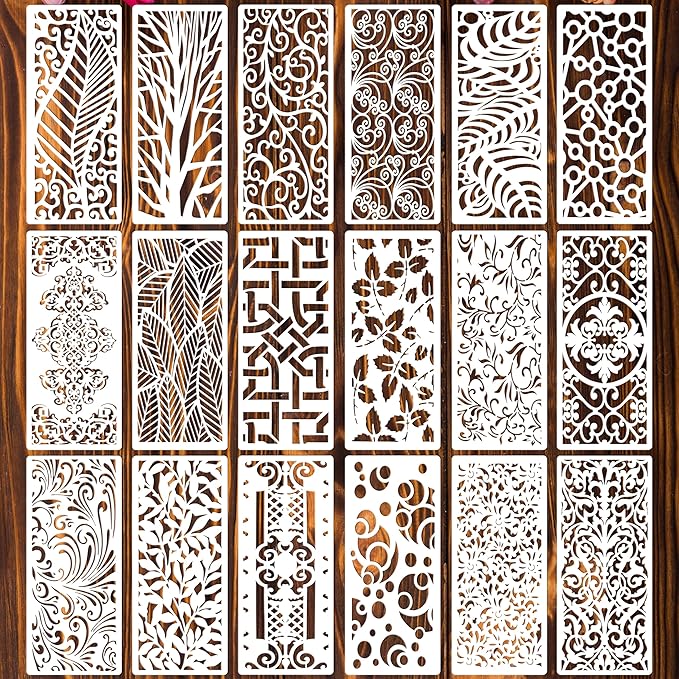 CeeVian Texture Stencils 18 PCS Stencil Painting Reusable Stencil Painting Texture Leaf Tree Brick Striped Background Pattern Stencils for Crafts Wall Shoe Cake Card Canvas Furniture Christmas Gifts