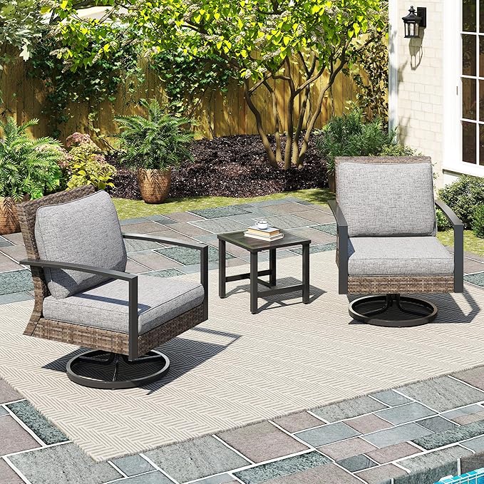 Green4ever 3-Pieces Patio Swivel Rocking Chairs Rocking with Sidetable, Metal Outdoor Rocking Chair, All Weather Rattan Patio Chairs for Porch, Bistro, Balcony, Grey