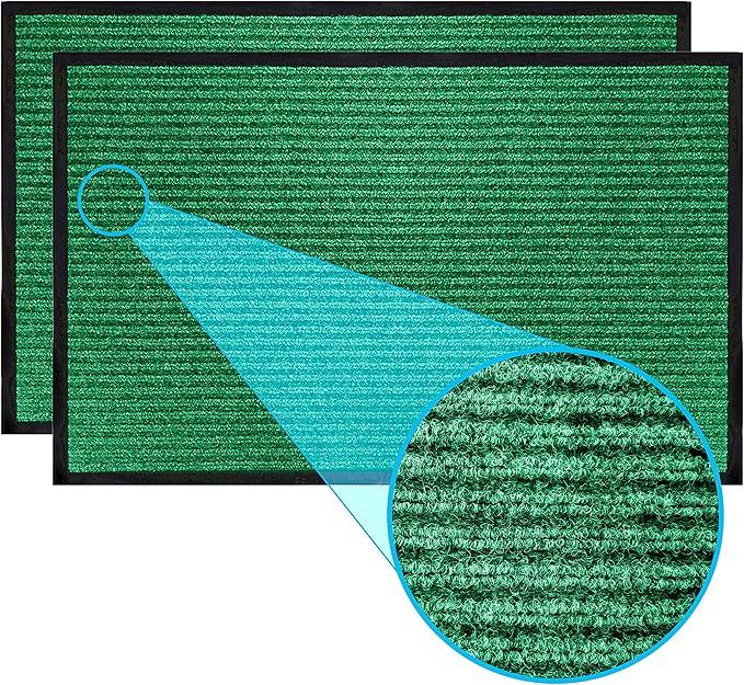 LuxUrux Striped Green Door Mat - Heavy Duty, Indoor/Outdoor, Easy Clean, Waterproof, Low-Profile (24'' x 16'') - Ideal for Entry, Patio, Garage - Durable Solution for High Traffic Entrance Ways