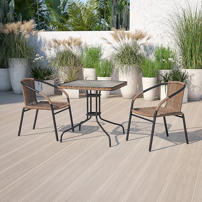 Flash Furniture Lila 3-Piece 28" Square Indoor/Outdoor Patio Table and Chairs Set, Glass Metal Bistro Table and 2 Stacking Rattan Chairs, Brown