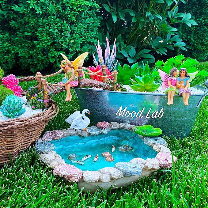Mood Lab Fairy Garden Fish Pond Kit - Miniature Bridge Set of 6 pcs Fairy Garden Figurines & Accessories - Outdoor or House Decor
