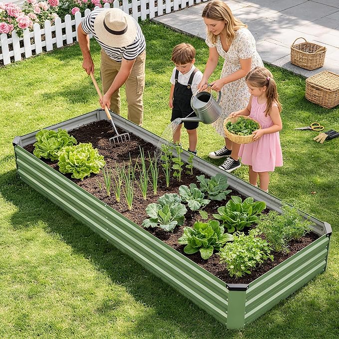 Galvanized Raised Garden Bed Outdoor | Metal Raised Garden Bed for Gardening 2Pack | Large Planter Box for Vegetables Flowers Fruits | Easy Assembly & Safety Design Flower Beds 8x3x1ft Olive Green