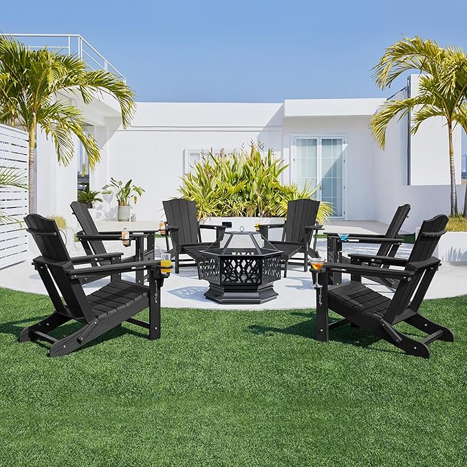 Yaheetech Adirondack Chair with Retractable Ottoman, All Weather Patio Folding Fire Pit Chair with Cup Holder and Phone Holder for Outdoor Poolside, Black