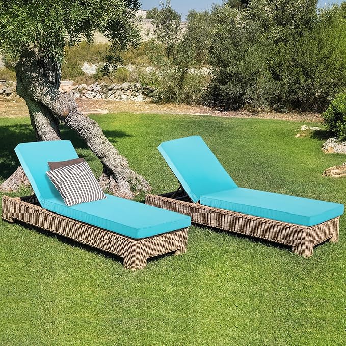 Outdoor Chaise Lounge Cushion Set of 2, Fadesafe Water-Repellent Lounge Deck Reclining Chair Cushions for Patio Furniture Lawn Pool Resort Hotel, 80x26x3 Inch, Light Blue