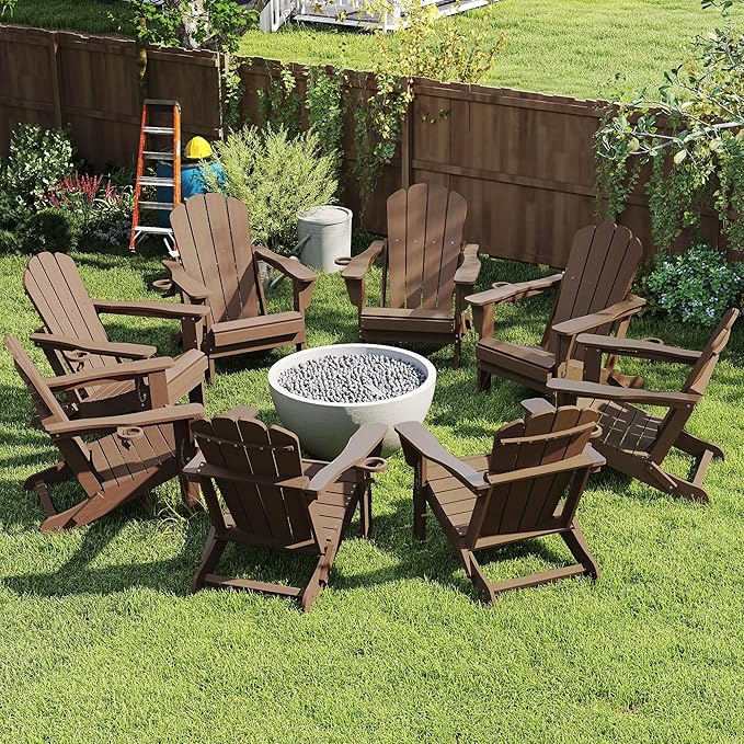 Domi Folding Adirondack Chairs Set of 8, HDPE All-Weather Outdoor Chairs with Cup Holder, Wooden Textured Fire Pit Chairs for Backyard, Patio, Poolside & Deck,Khaki