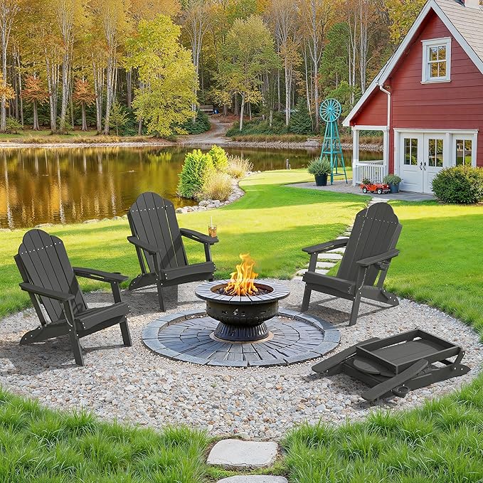 LUE BONA Folding Adirondack Chair, Chairs Set of 6, Cup Holder, Woodgrain, Fire Pit, Patio, Pool, Black