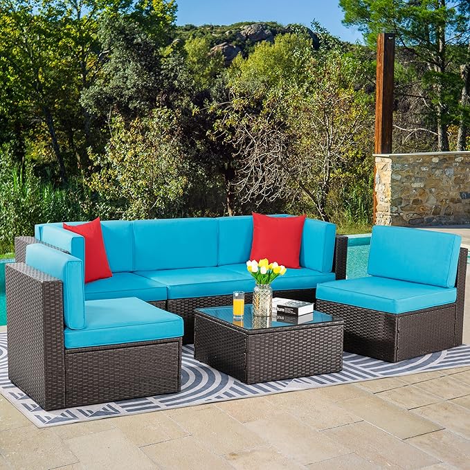 Vongrasig 7 Piece Patio Furniture Sets with 45 Inch Fire Pit Table All Weather PE Wicker Rattan Outdoor Sectional Sofa Couch Conversation Set w/Glass Table for Lawn, Garden, Backyard (Blue)