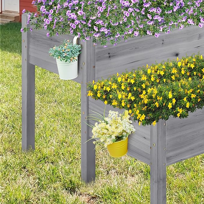 Yaheetech 47x41x30in Wooden Raised Garden Bed Horticulture Outdoor 2 Tiers Elevated Planter Grow Box for Herb with Legs & Drainage Holes, Gray