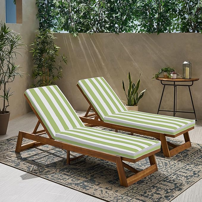 Outdoor Chaise Lounge Chair Cushions 2 Pack, Thick Waterproof Patio Pool Lounge Cushions, Fade Resistant(Green & White Stripe)