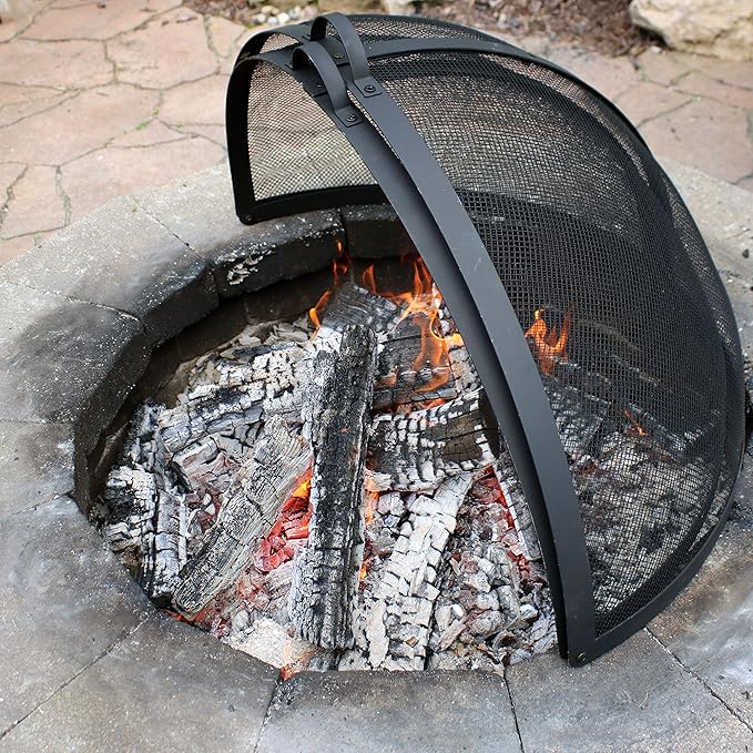 Sunnydaze Round Fire Pit Spark Screen Cover - Easy-Opening Outdoor Fire Pit Screen - Heavy‑Duty Steel Metal Mesh - 30" Diameter