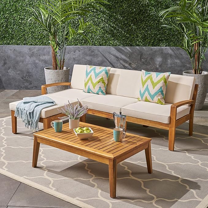 Christopher Knight Home Grenada Sectional Sofa Set | 5-Piece 3-Seater | Includes Coffee Table and Ottoman | Acacia Wood Frame | Water-Resistant Cushions | Teak and Beige, Finish