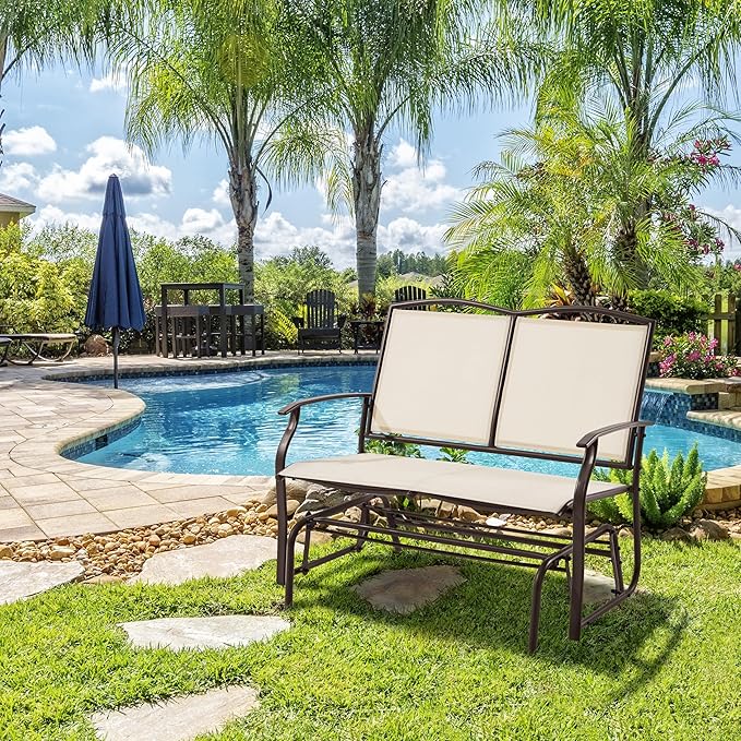 Yaheetech Outdoor Glider 2-Person Outdoor Glider Bench, Patio Chair, Rocking Patio Chairs Outdoor Loveseat for Backyard, Poolside, Garden,Porch, Heavy Duty Steel Frame, Beige