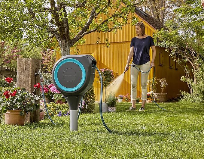 GARDENA 18604 | 50' x 1/2" Automatic Retractable Garden Hose Reel for Outside Use on Metal Spike With Easy Swivel for Simple Watering of Gardens and Grass. Easy Installation in Ground