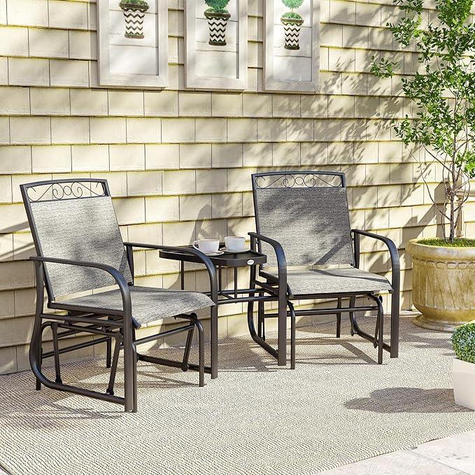 Outsunny Outdoor Glider Chairs with Coffee Table, Patio 2-Seat Rocking Chair Swing with Breathable Sling for Backyard, Garden and Porch, Gray
