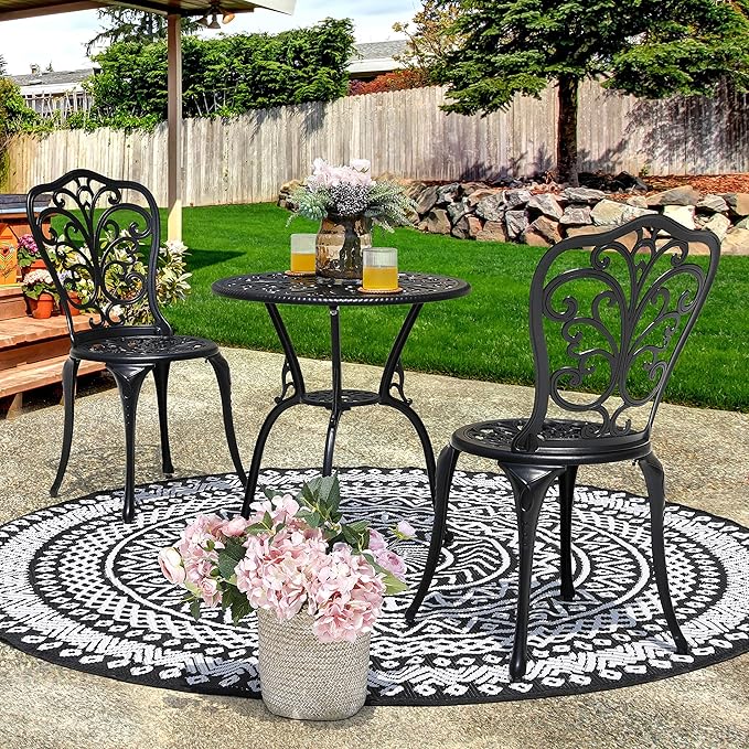 NUU GARDEN 3 Piece Outdoor Bistro Table Set, All Weather Cast Aluminum Patio Bistro Sets Patio Table and Chairs Set of 2 with Umbrella Hole for Yard, Garden, Balcony, Black