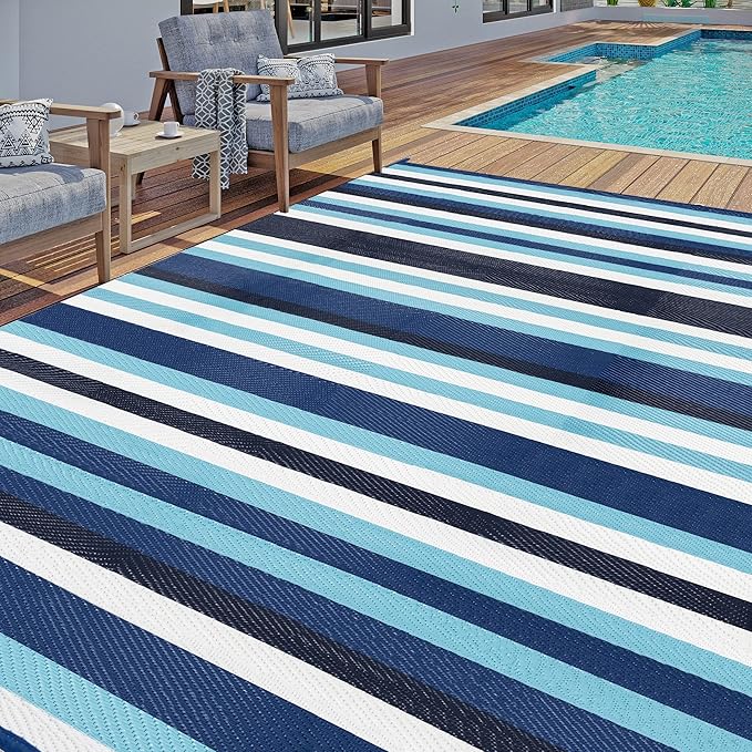 HUGEAR Outdoor Waterproof Rug 9'x12' Plastic Straw Rugs Washable Reversible Floor Mat Blue Stripe Carpet for Camping RV Deck Entryance Porch Picnic Balcony Beach Backyard