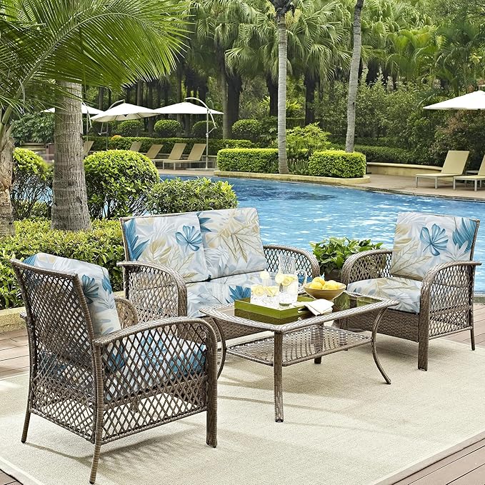 8Pcs Outdoor Cushion Covers, Patio Cushion Covers,Stretch Elastic Slipcovers, Replacement Washable & Reusable Furniture Protector for Patio Couch (White & Blue Leaf,Cover Only)