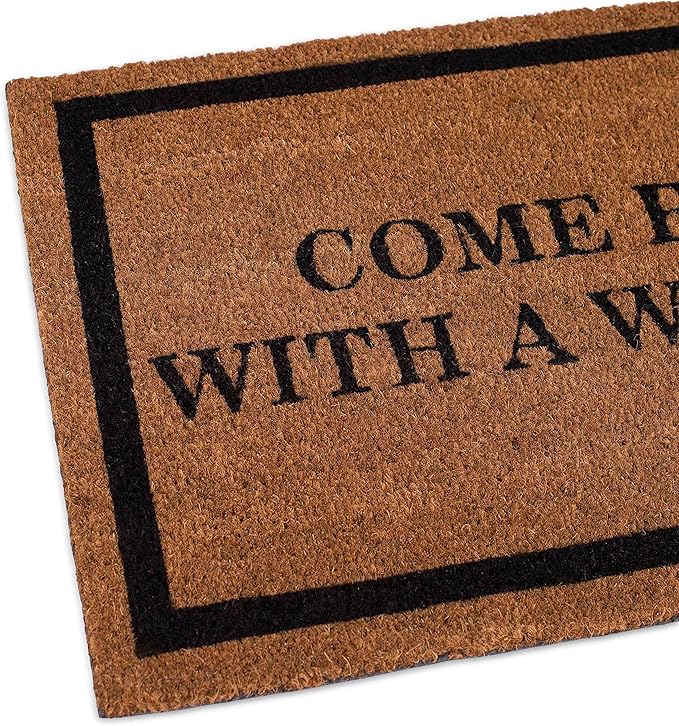 BIRDROCK HOME Come Back with a Warrant Coir Doormat | 18 x 30 Inch | Standard Welcome Mat with Black Border and Natural Fade | Vinyl Backed | Outdoor