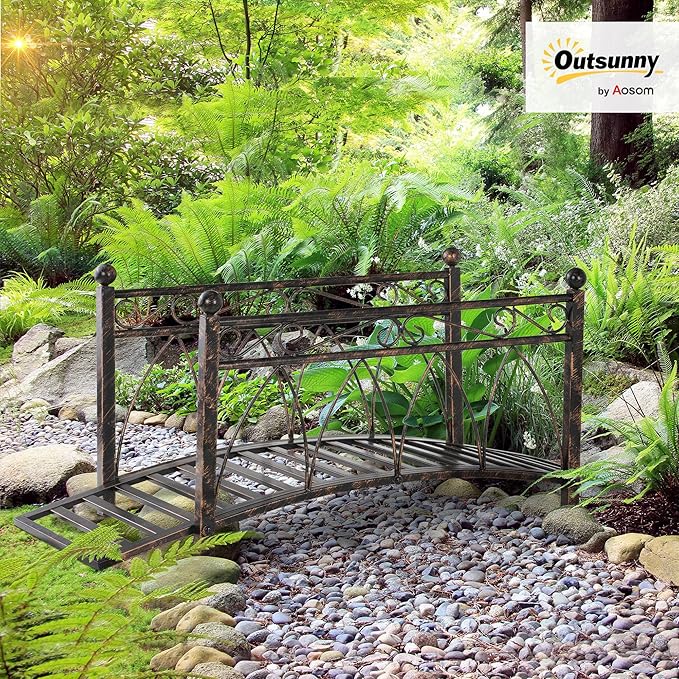 Outsunny 3.3' Metal Arch Zen Garden Bridge with Safety Siderails, Decorative Footbridge, Delicate Scrollwork & Corner Spheres for Stream, Fish Pond, Bronze