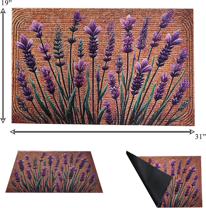Floral Front Door Welcome Mat, Aesthetic Cute Flower Doormat, Non-Slip Outdoor Entryway Rug,19”x 31" (12.Lavender Leaf)