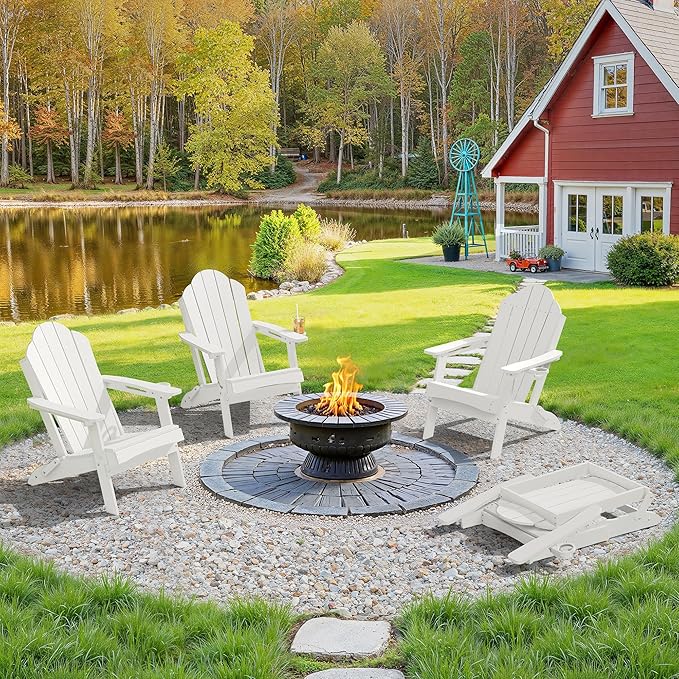 LUE BONA Folding Adirondack Chair, Chairs Set of 2, Cup Holder, Woodgrain, Fire Pit, Patio, Pool, White