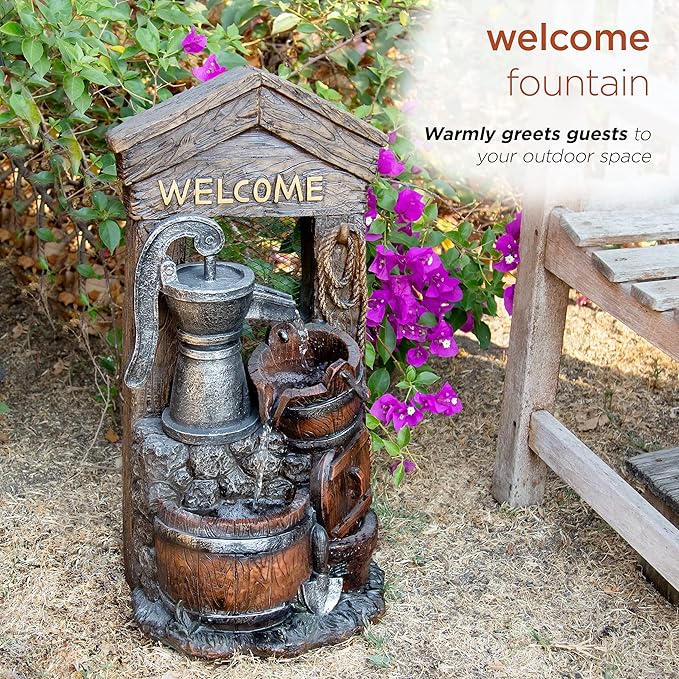 Alpine Corporation ZEN576S Outdoor Rustic Design Water Pump and Barrel Floor Fountain - Welcome Sign, 24 Inch Tall, Brown