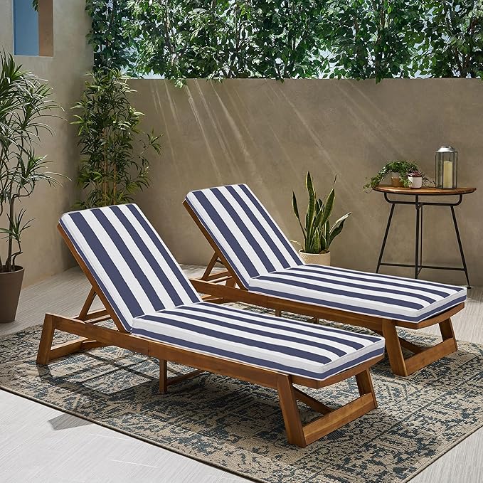 Outdoor Chaise Lounge Chair Cushions 2 Pack, Thick Waterproof Patio Pool Lounge Cushions, Fade Resistant (2, Blue & White Stripe)