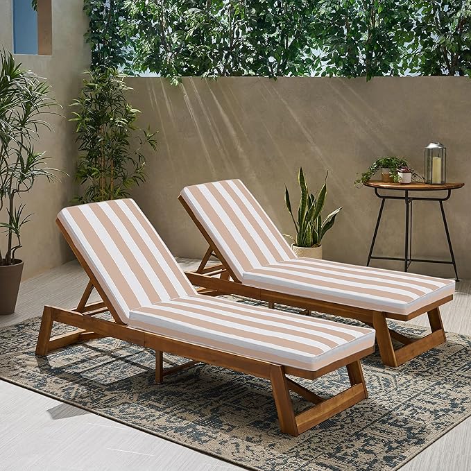 Outdoor Chaise Lounge Chair Cushions 2 Pack, Thick Waterproof Patio Pool Lounge Cushions, Fade Resistant, (Khaki & White Stripe)