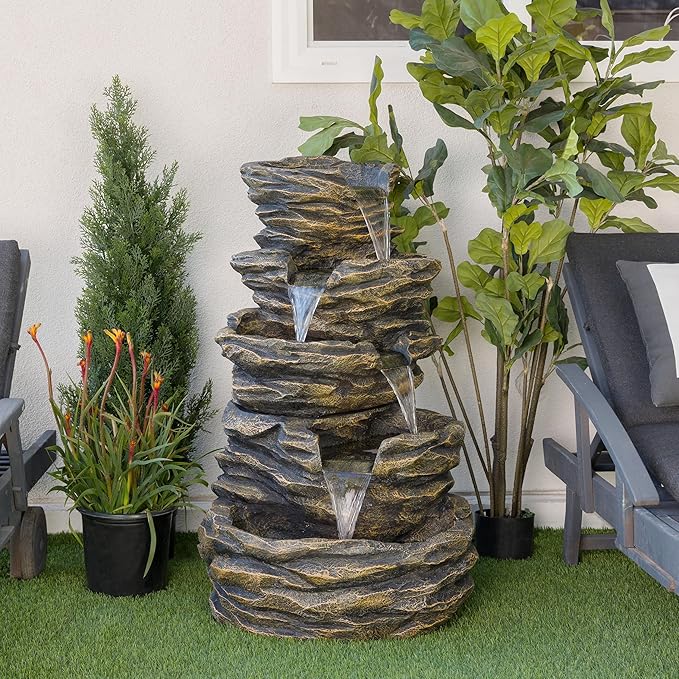 Alpine Corporation 39" Tall Outdoor 5 Tiered Natural Look Rock Water Floor Fountain with Replaceable Lights, Brown