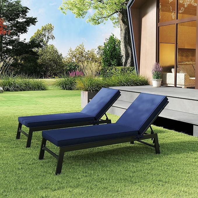 Outsunny Chaise Lounge Cushions Outdoor Set of 2, Fade Resistant, 72 x 21 x 3 in Sun Lounger Replacement Cushions, Patio Lounge Chair Pads with Removable Cover for Pool, Beach, Deck, Lawn, Navy Blue
