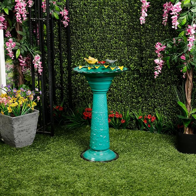 Alpine Corporation ORS112GN Vintage Metal Pedestal Birdbath with Stand, Shallow Bird Bath Bowl for Outside, 28" H, Green