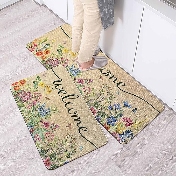 Spring Floral Decor Welcome Door Mat 2 Piece, Hello Summer Flower Home Decoration Non-Slip Indoor Outdoor Front Doormats Rug 17"x47"+17"x30"