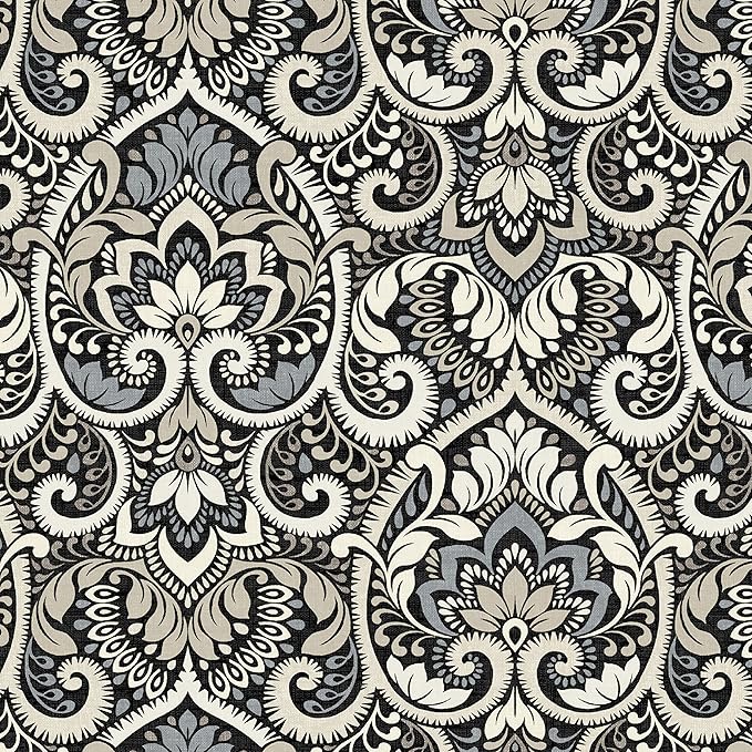 Arden Outdoor Midback Chair Cushion, 18 x 16.5, Rain-Proof, Fade Resistant Black Aurora Damask