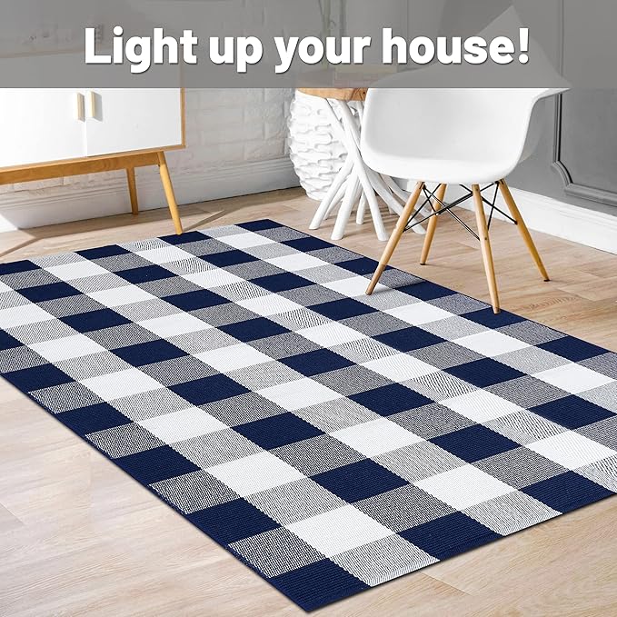 IOHOUZE Buffalo Plaid Checkered Rug 3x5 Ft Front Door Mats, Washable Area Rugs for Front Porch Decor, Spring Summer Welcome Mats Outdoor, Navy White Rug for Farmhouse/Entryway/Home Entrance