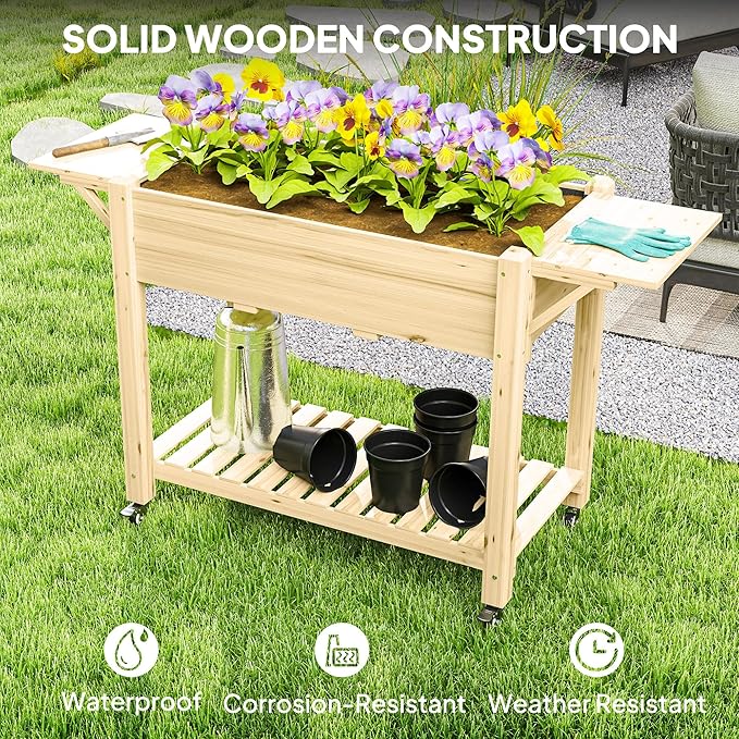 Outsunny Raised Garden Bed, 57 x 20.5 x 34 in Wood Elevated Planter Box with Lockable Wheels, Side Tables and Bottom Shelf, Outdoor Raised Planter with Bed Liner and Drainage Holes, Natural